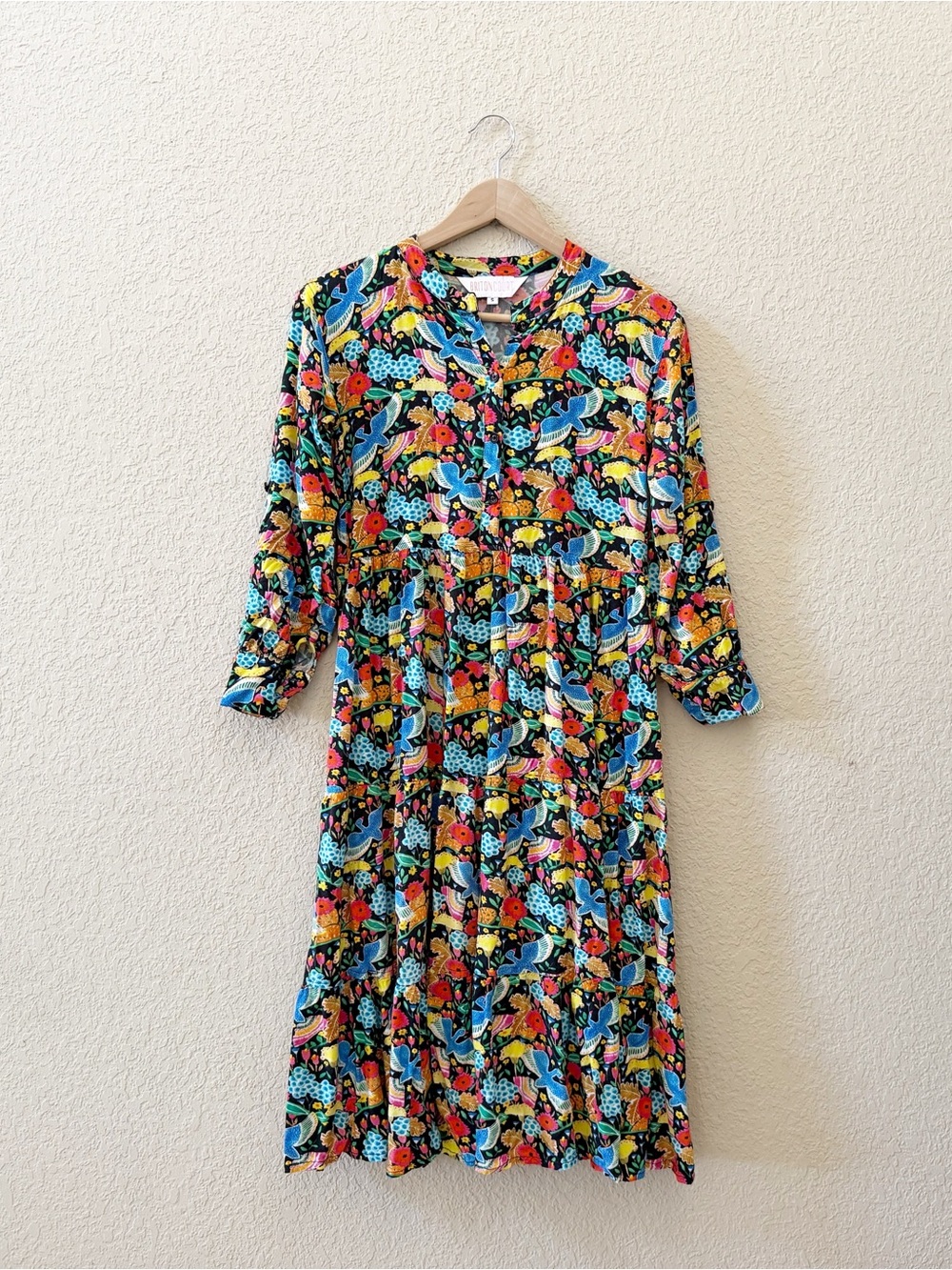 Briton Court Dress Bird Print Tropical Boho Midi Blue Orange Small